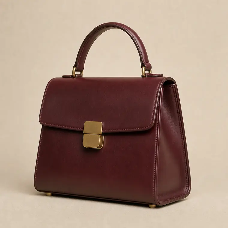 Bolso estructurado de piel burdeos con cierre de latón.