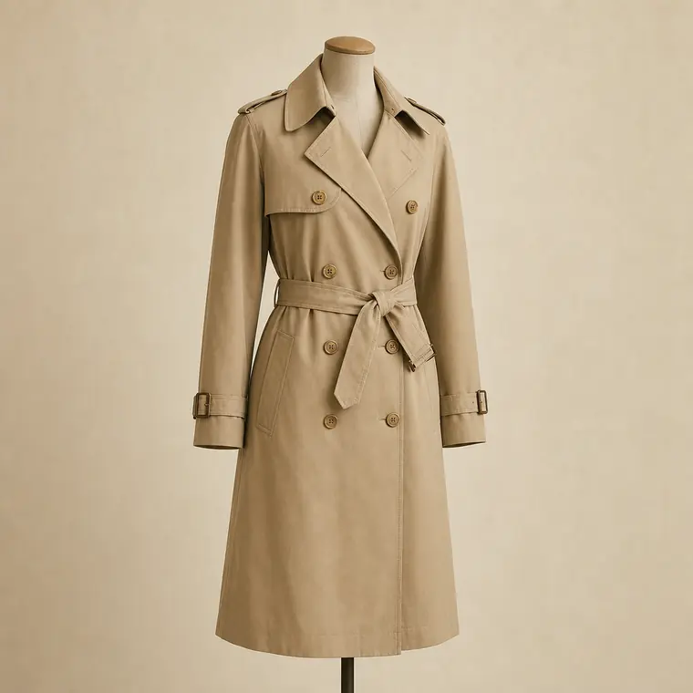 Gabardina beige de algodón con el cinturón anudado sobre un maniquí de sastre.