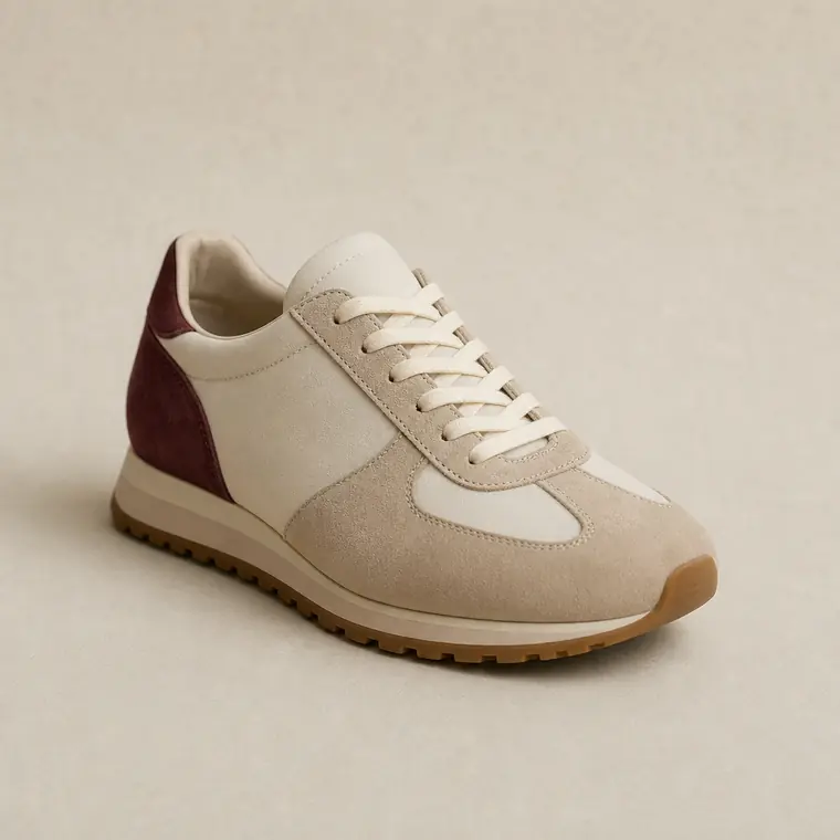 Zapatilla de perfil bajo en ante hueso con panel burdeos, sin marcas.