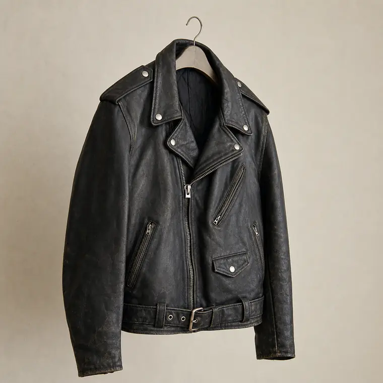 Chaqueta biker de piel negra colgada de una percha lisa.