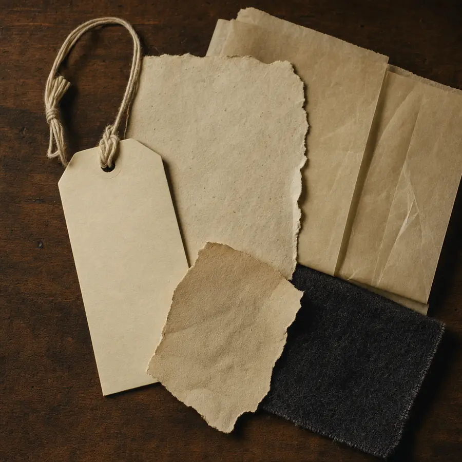 Mesa de archivo vista desde arriba: una etiqueta de cartón atada con cordel, fragmentos de papel rasgado, papel de patrón doblado y un retal de lana oscura.