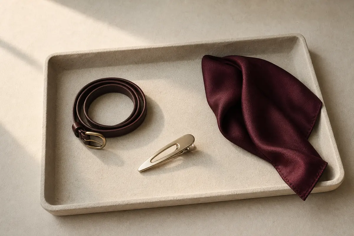 A shallow tray holding a coiled thin leather belt, a plain metal hair clip and a small folded oxblood silk scarf.