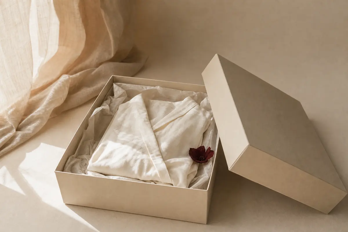 An open flat archive box with a folded cream garment resting inside on crumpled tissue paper.
