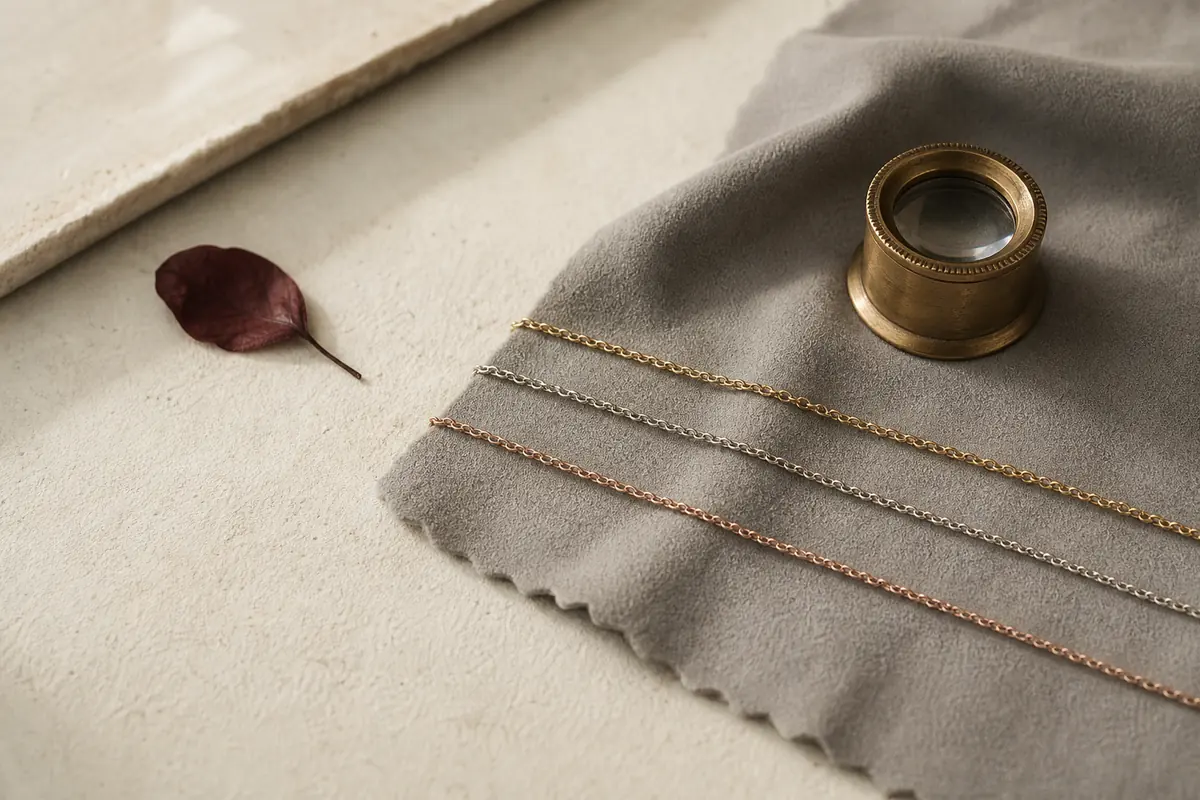 A jeweller's bench: a soft grey cloth, a small brass loupe and three plain thin chains laid out in parallel.