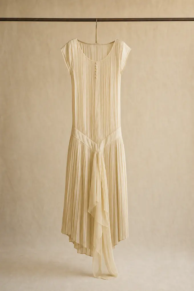 Vestido de talle bajo en seda cruda de los años veinte sobre un maniquí de sastre.