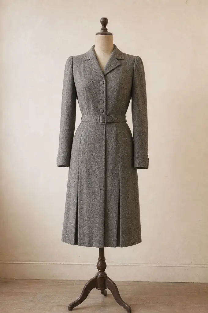 Vestido de día de lana gris de los años cuarenta con hombros marcados y cinturón estrecho.