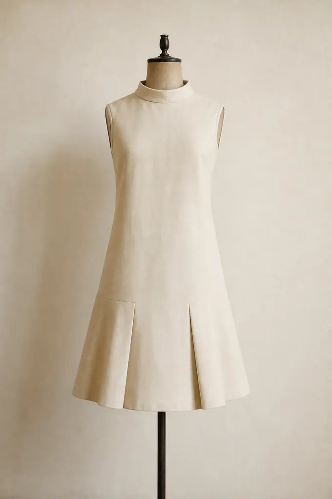 Vestido de corte trapecio en algodón color hueso de los años sesenta sobre un maniquí de sastre.