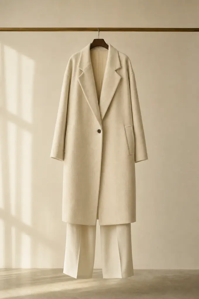 Abrigo de lana crema de corte amplio sobre pantalón marfil, silueta contemporánea.