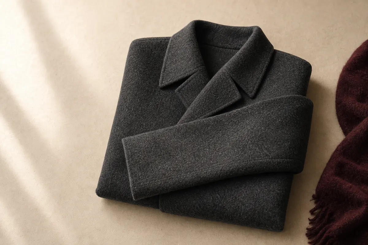 Chaqueta de lana gris marengo doblada y vista desde arriba, con una manga cruzada por encima para dejar ver la costura del hombro.