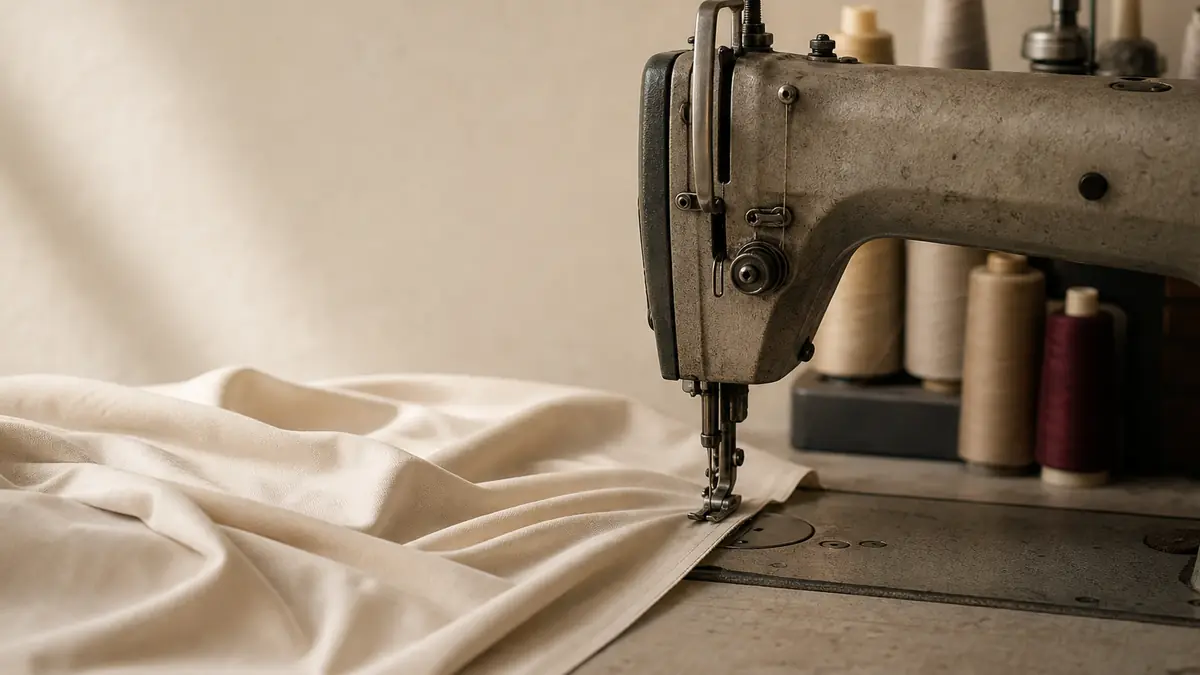 Cabezal de una máquina de coser industrial con un tejido técnico color hueso bajo la aguja en un taller.