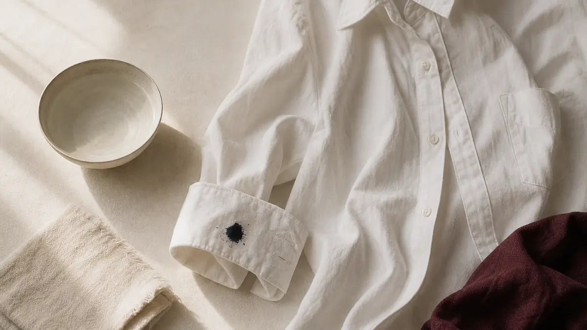 Camisa de algodón blanca con el puño vuelto y una pequeña mancha de tinta, junto a un cuenco de agua y un paño doblado.