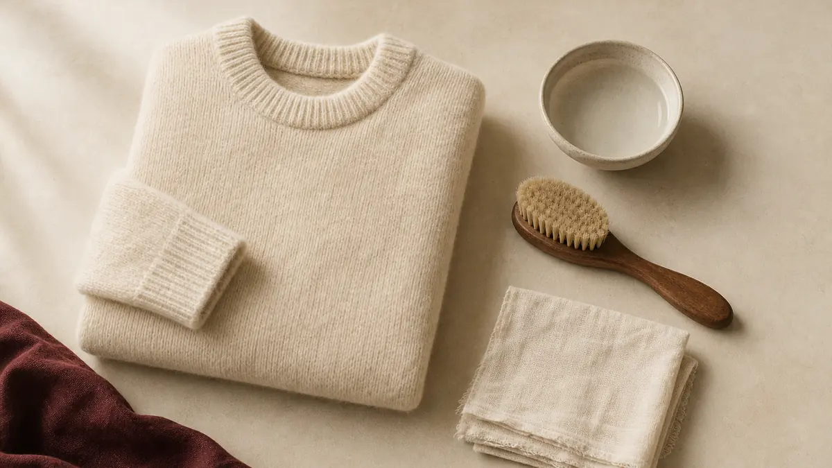 Jersey de lana crema doblado junto a un cuenco de agua clara, un cepillo de cerda suave y un paño de muselina doblado.