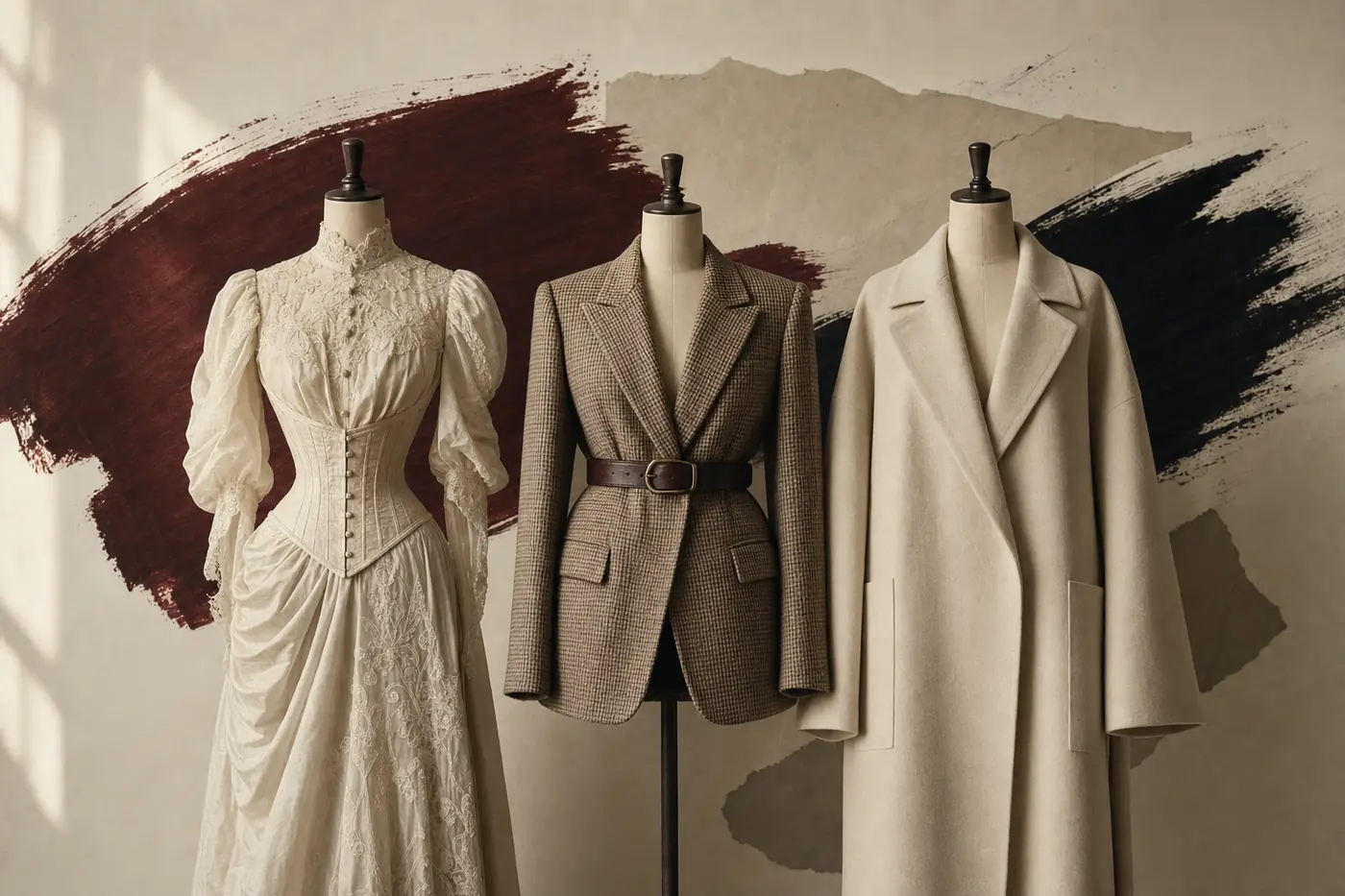 Tres prendas de mujer de tres épocas distintas sobre maniquíes: un vestido de encaje de principios del siglo XX, una chaqueta de lana estructurada y un abrigo minimalista contemporáneo.