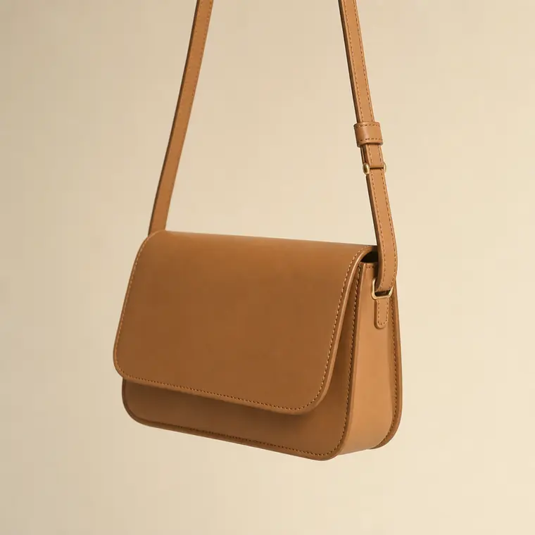 Bolso de piel color tostado con solapa lisa colgando de una correa.