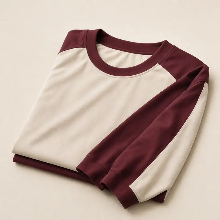 Camiseta técnica deportiva doblada en tonos hueso y burdeos, sin marcas visibles.