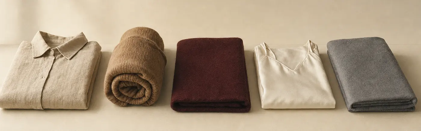 Cinco prendas dobladas alineadas sobre una mesa larga de estudio: camisa de lino, punto camel, lana burdeos, seda hueso y franela gris.