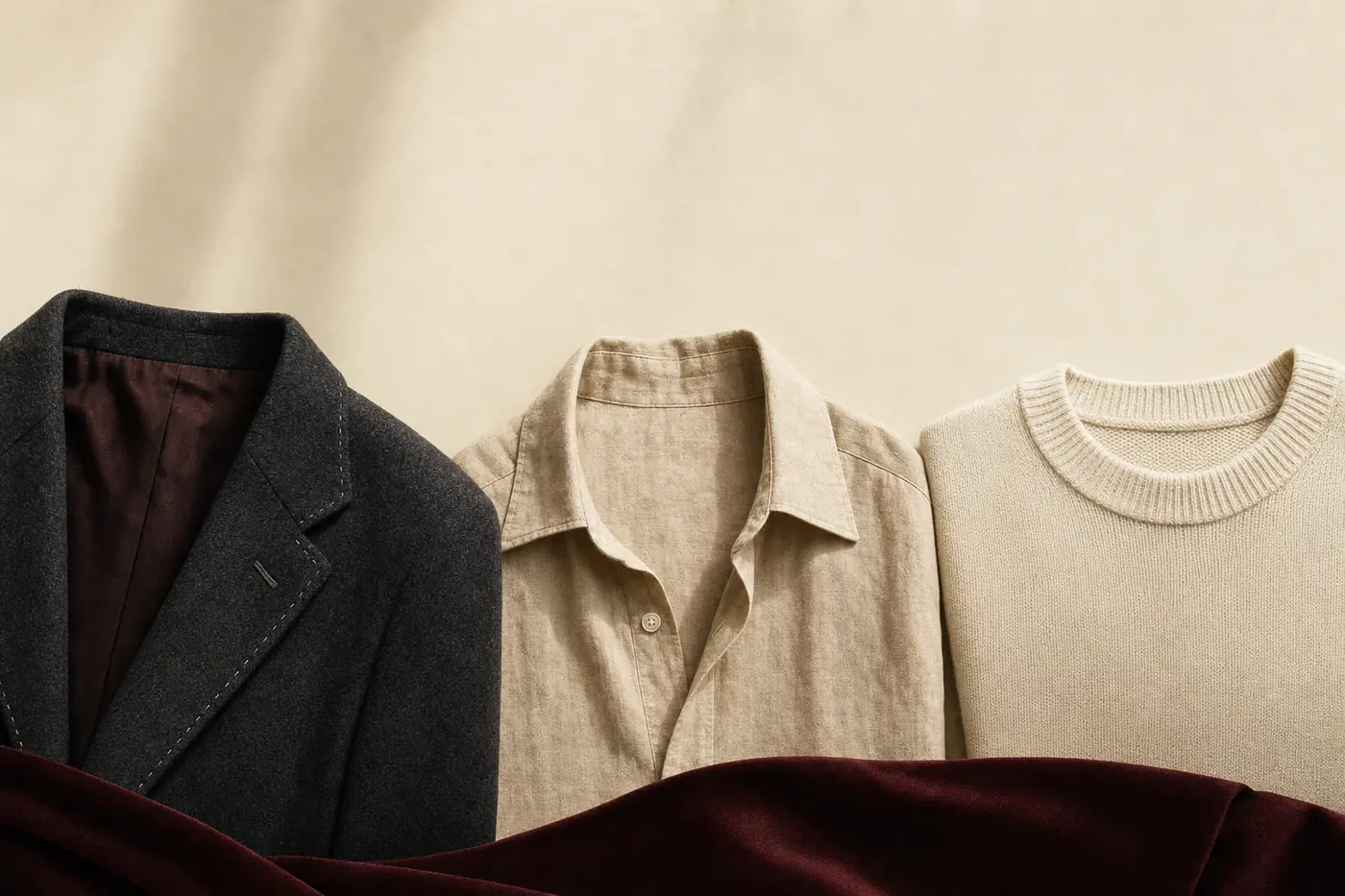 Tres escotes alineados sobre una superficie marfil: solapa de chaqueta de lana gris marengo con pespunte de pica, cuello de camisa de lino color arena y cuello redondo de punto fino en crema.
