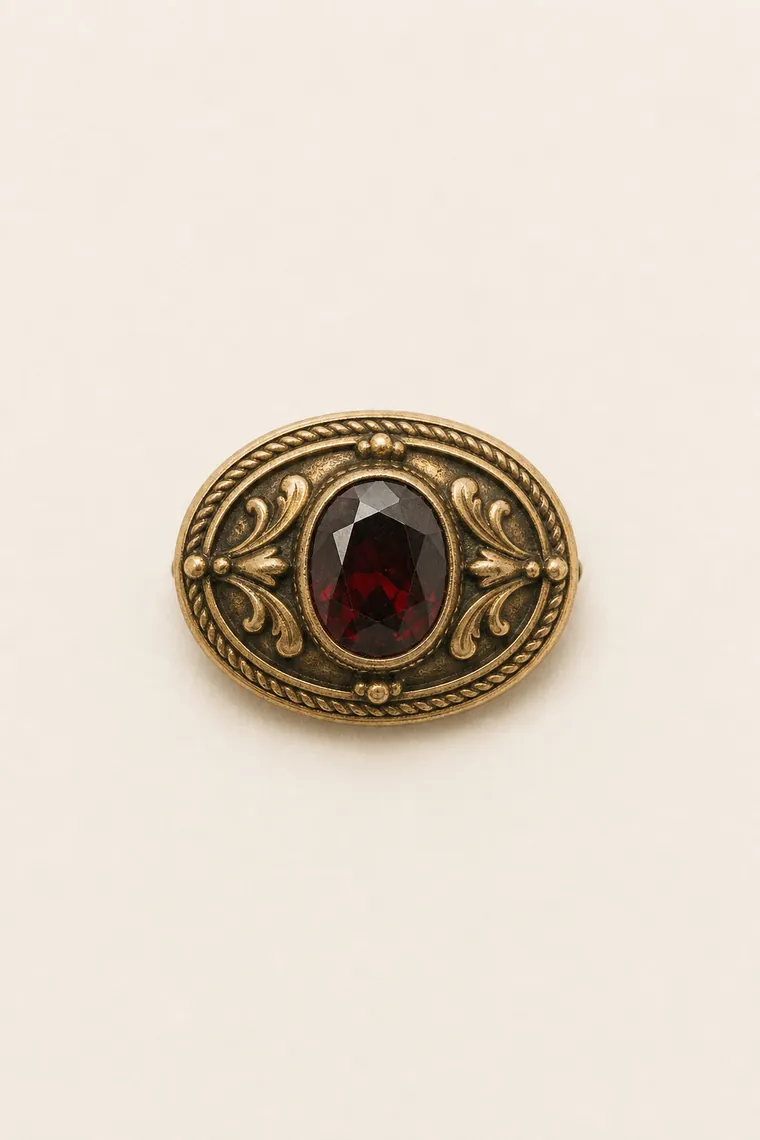Broche ovalado de oro viejo engastado con un granate oscuro, boca arriba.