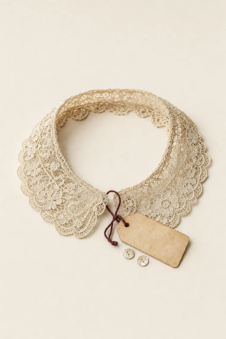 Cuello de encaje marfil antiguo extendido en óvalo, con una etiqueta de papel en blanco sobre un canto y dos botones de nácar al lado.