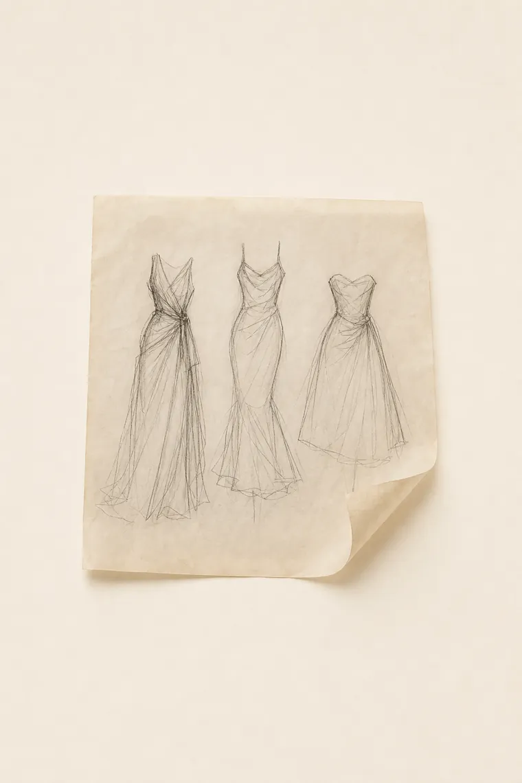 Tres croquis rápidos a lápiz de vestidos dibujados sobre una hoja de papel vegetal que se curva en una esquina.
