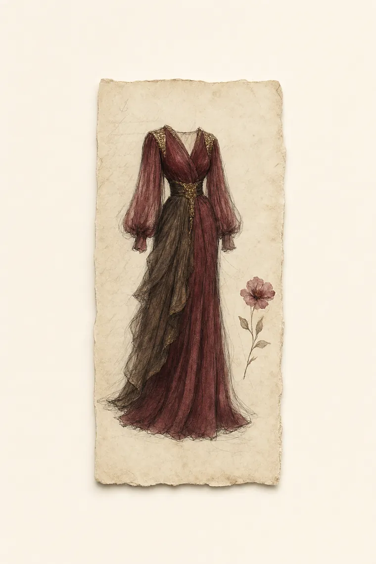 Ilustración de moda a lápiz y acuarela sobre papel envejecido con caligrafía al fondo y una pequeña flor pintada.