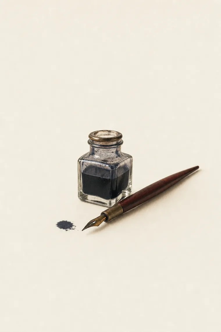 Tintero de cristal con tinta azul oscura, una plumilla apoyada al lado y una mancha de tinta sobre el papel.