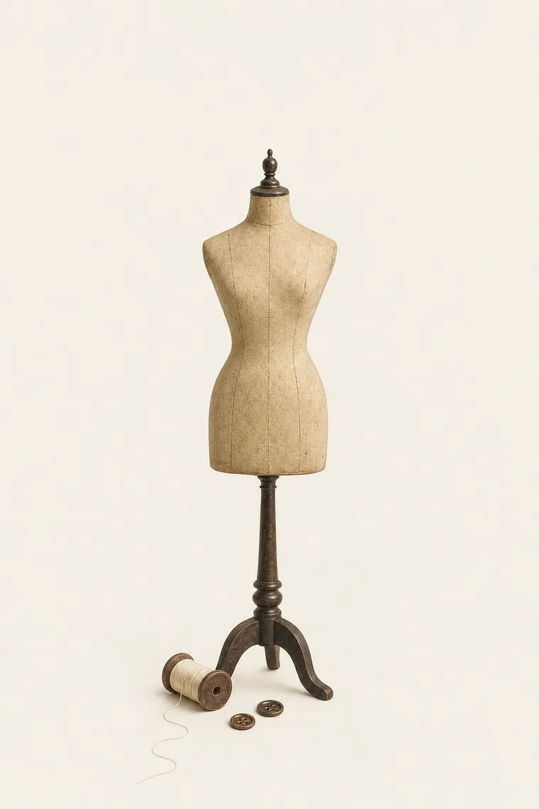 Maniquí de sastre en lino crudo sobre pie de madera, con un carrete de hilo y dos botones de asta a sus pies.