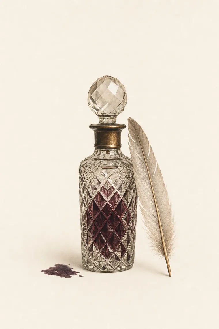 Frasco de perfume de cristal tallado con una pluma pálida apoyada y una pequeña mancha de tinta al lado.