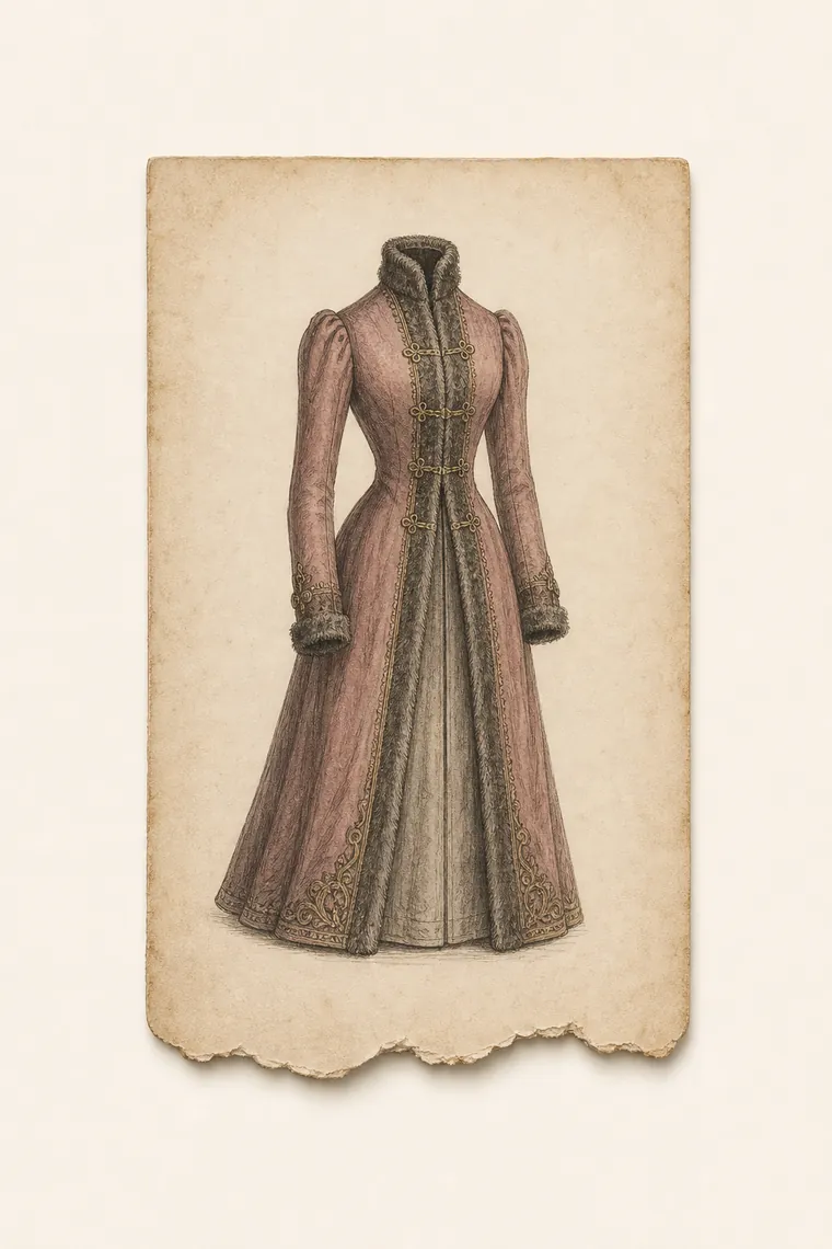 Lámina antigua de moda con un abrigo largo coloreado a mano en tonos rosa apagado y gris, sobre papel envejecido con el canto roto.