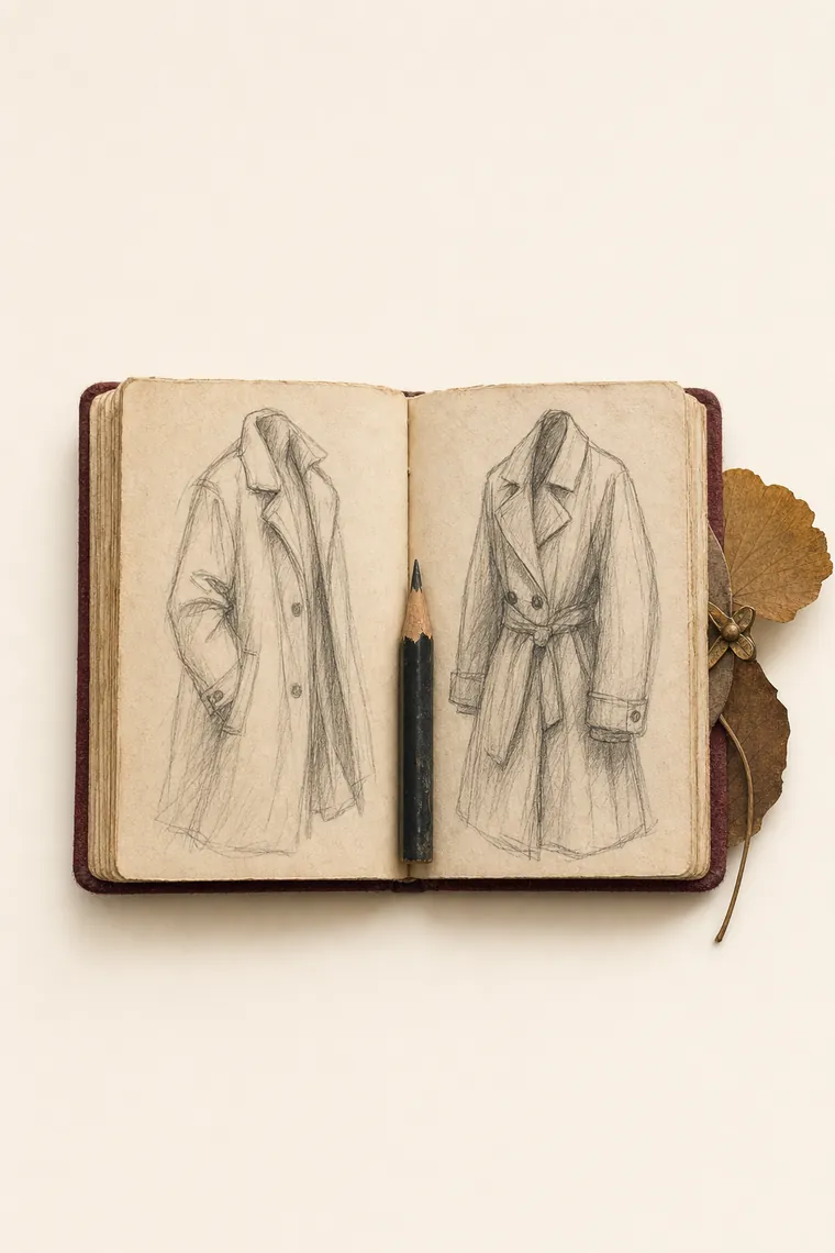 Cuaderno de bocetos abierto con dos apuntes a lápiz de abrigos, un trozo de grafito en el pliegue y una hoja seca bajo el canto.