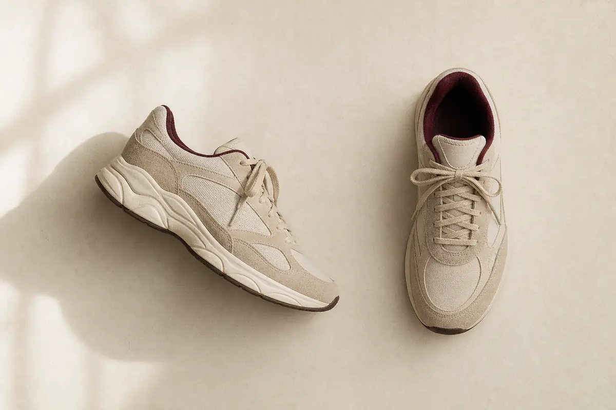 Dos zapatillas de correr separadas sobre papel marfil, una de perfil y otra desde arriba, en ante hueso y arena, sin ninguna marca.