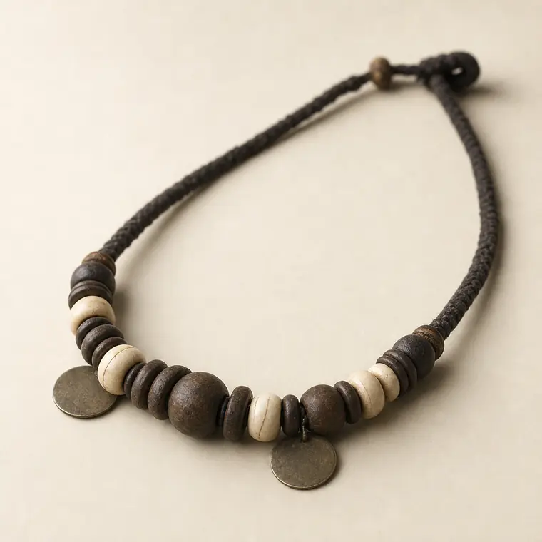 Collar montado sobre cordón textil oscuro con cuentas de madera y color hueso y dos discos planos de metal.