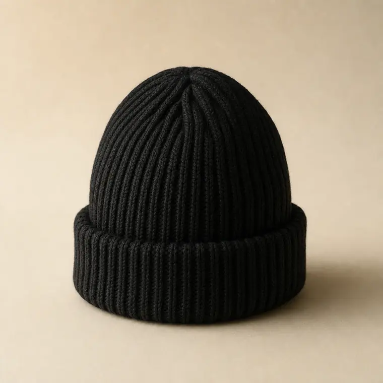 Gorro de canalé en negro en mezcla de lana, con el vuelto visible, sin ninguna marca.